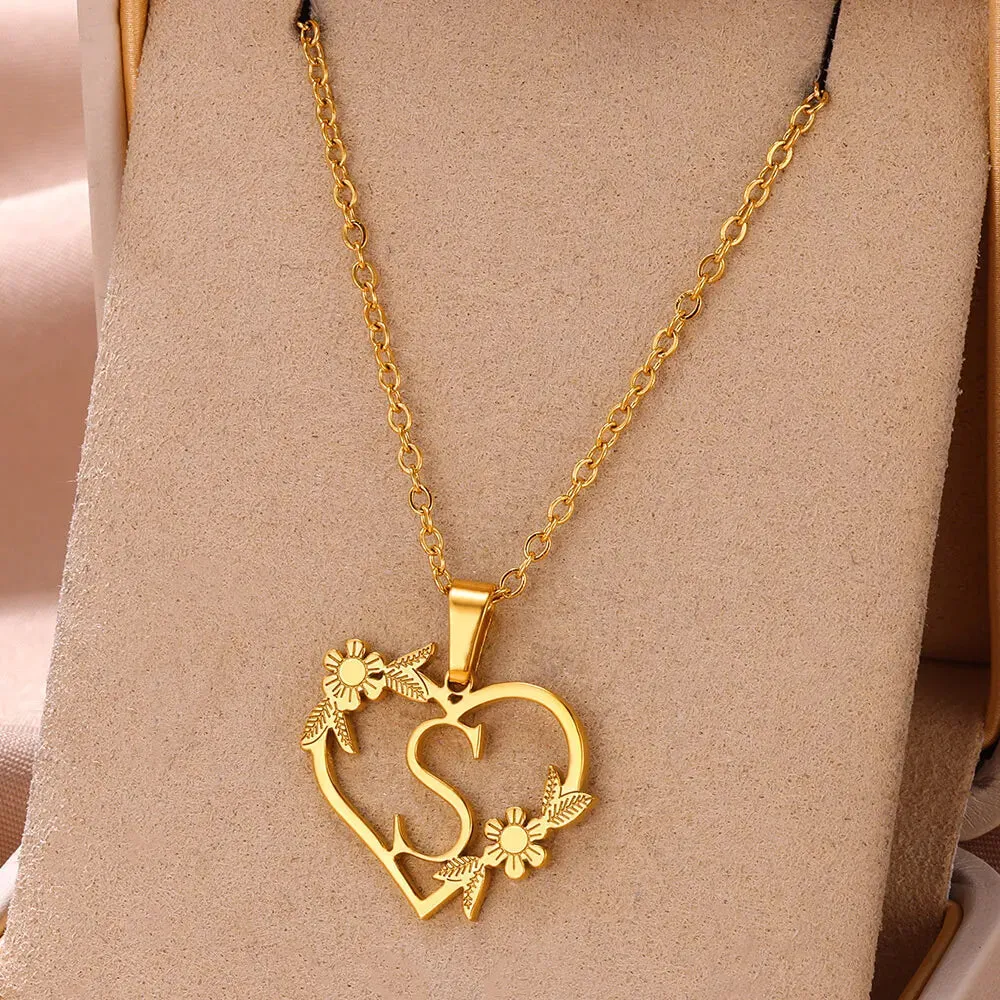 Dainty Flower Initials  Women Girl Stainless Steel Heart Letter Choker Necklace