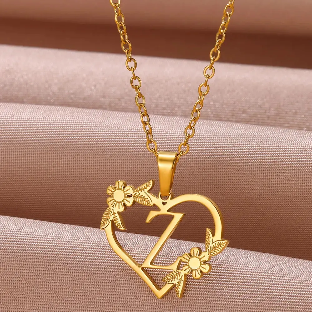 Dainty Flower Initials  Women Girl Stainless Steel Heart Letter Choker Necklace