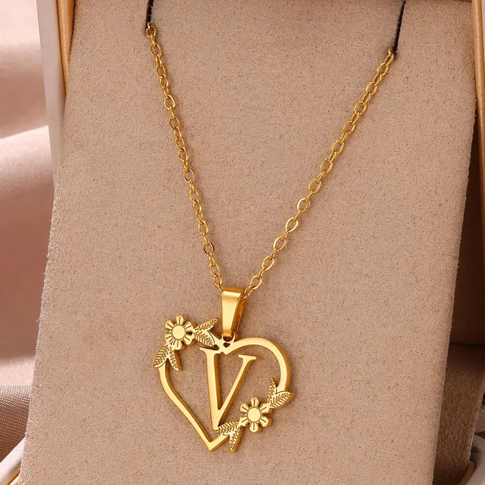 Dainty Flower Initials  Women Girl Stainless Steel Heart Letter Choker Necklace