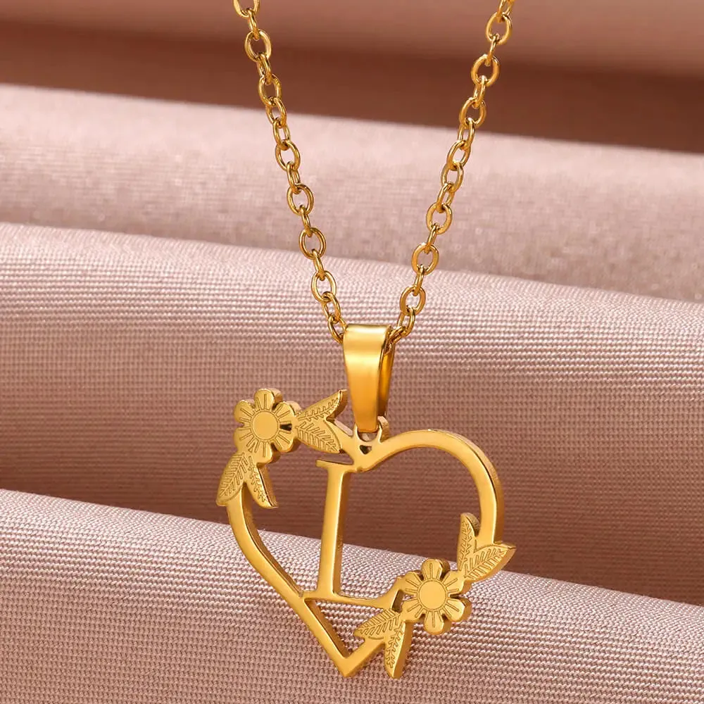 Dainty Flower Initials  Women Girl Stainless Steel Heart Letter Choker Necklace