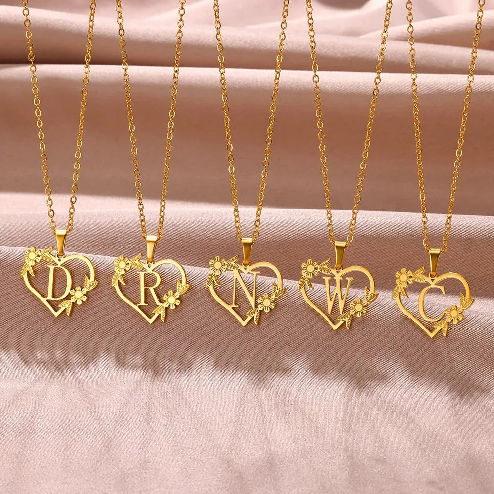 Dainty Flower Initials  Women Girl Stainless Steel Heart Letter Choker Necklace