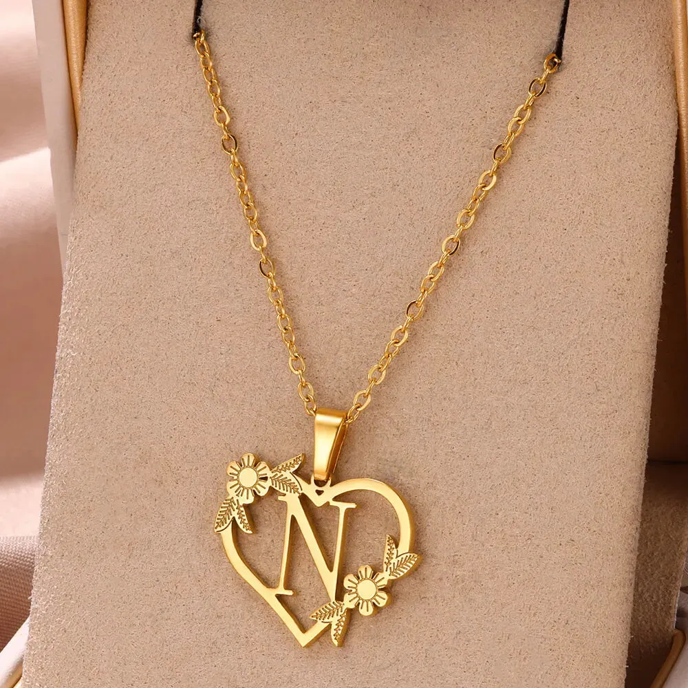 Dainty Flower Initials  Women Girl Stainless Steel Heart Letter Choker Necklace