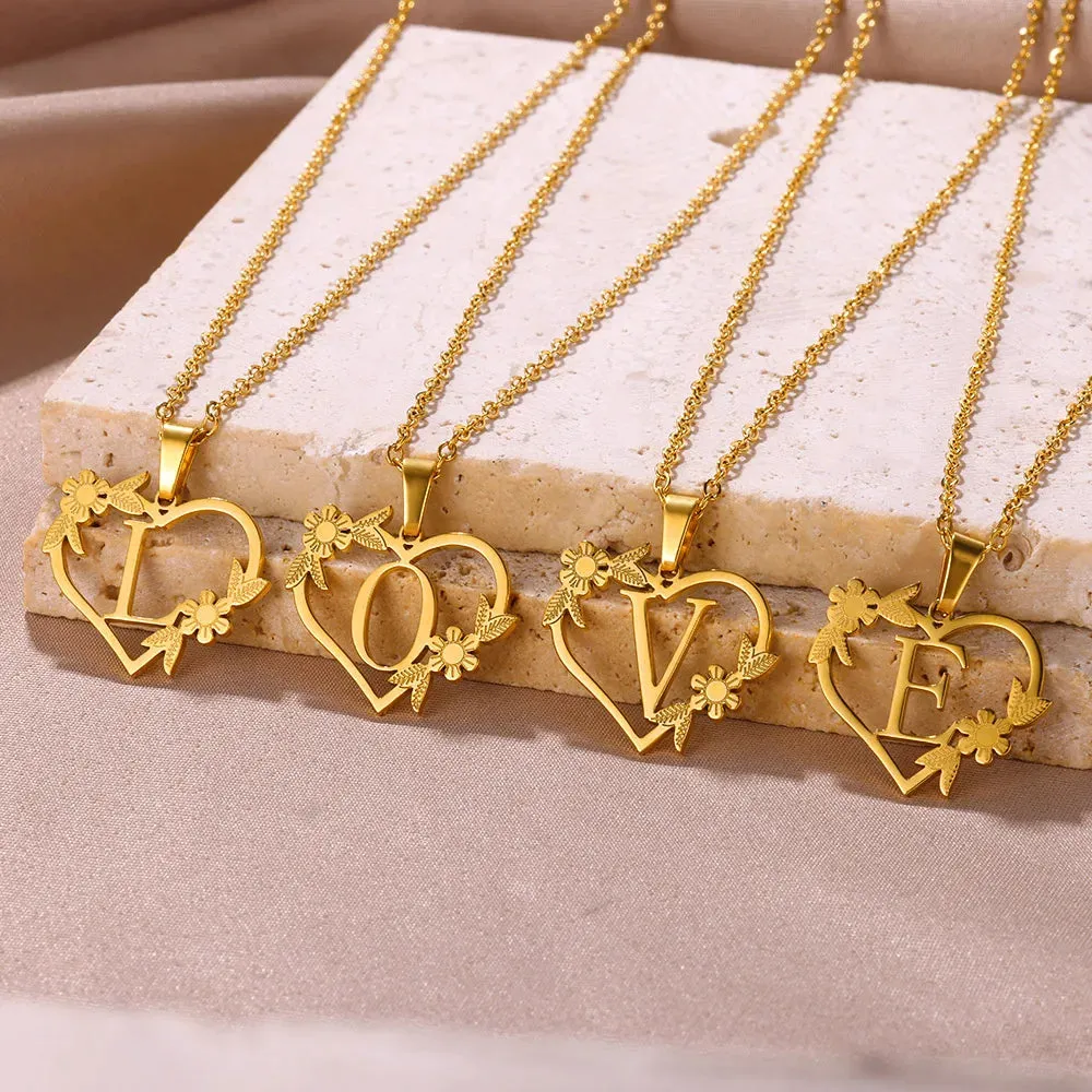 Dainty Flower Initials  Women Girl Stainless Steel Heart Letter Choker Necklace
