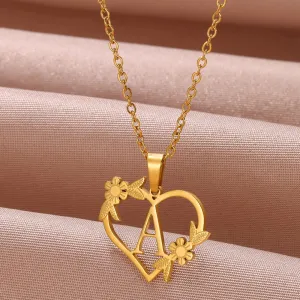 Dainty Flower Initials  Women Girl Stainless Steel Heart Letter Choker Necklace