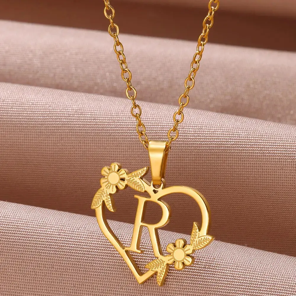 Dainty Flower Initials  Women Girl Stainless Steel Heart Letter Choker Necklace