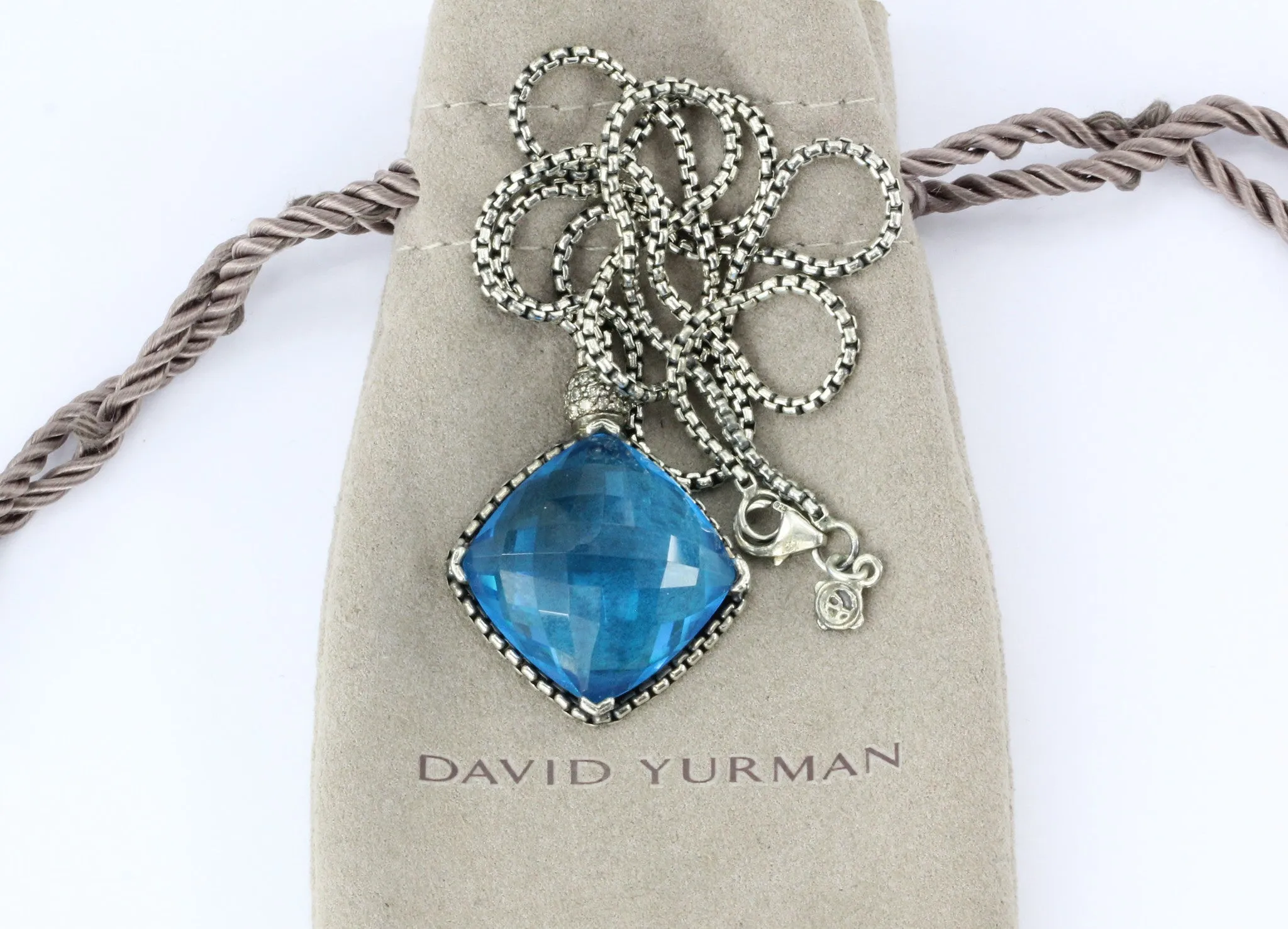 David Yurman Sterling Silver Blue Topaz & Diamond Cushion On Point Necklace