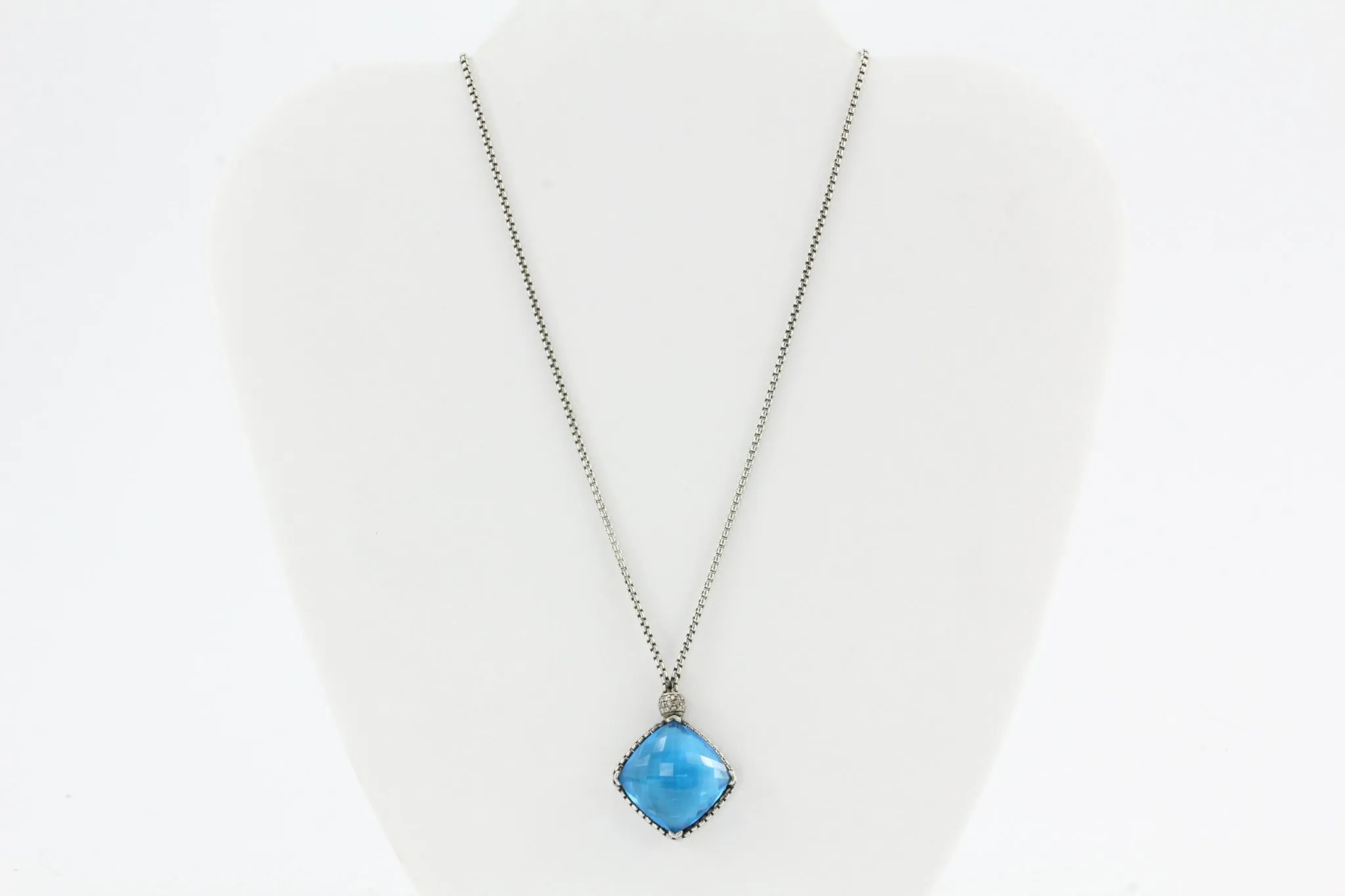 David Yurman Sterling Silver Blue Topaz & Diamond Cushion On Point Necklace