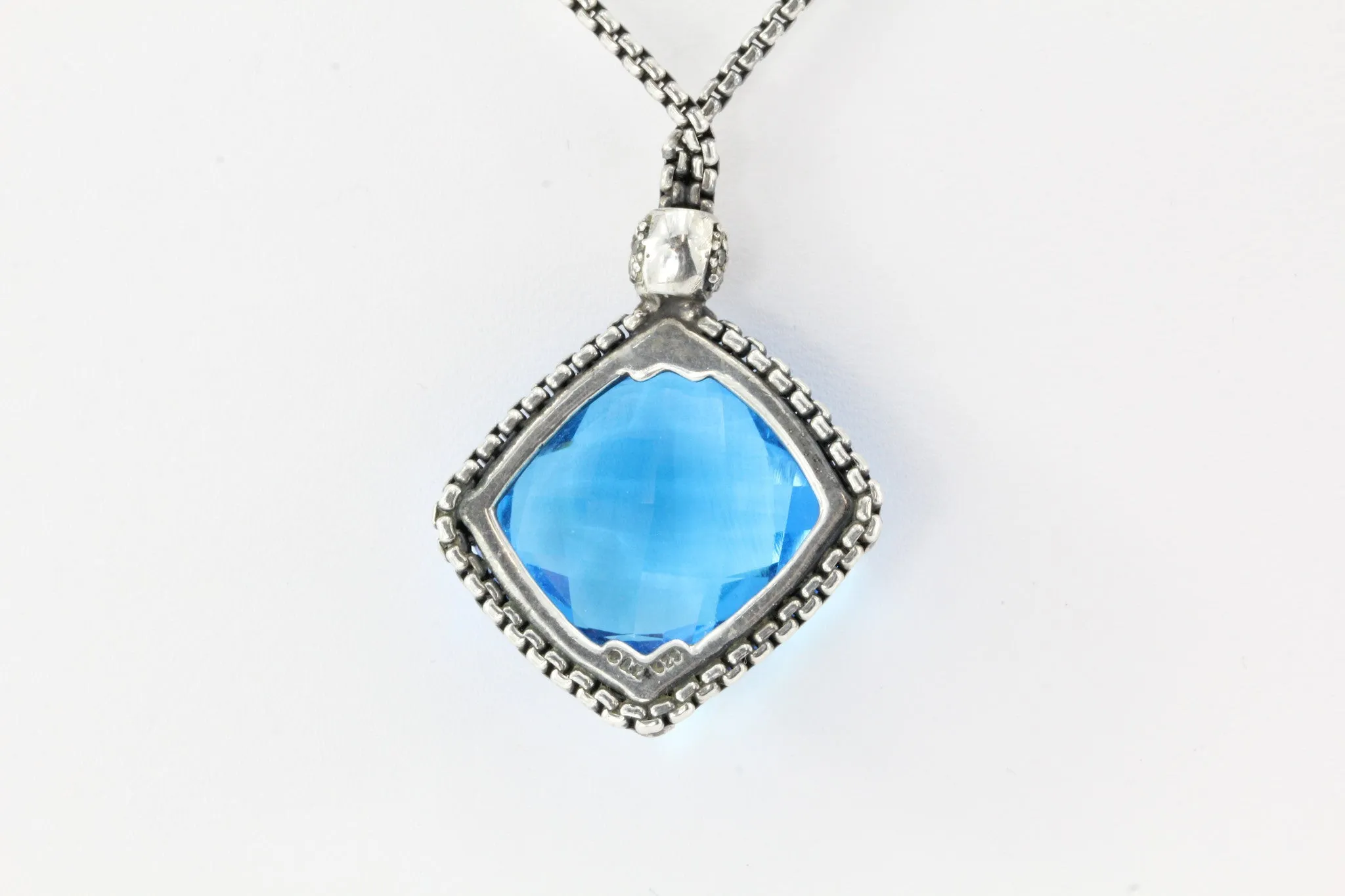 David Yurman Sterling Silver Blue Topaz & Diamond Cushion On Point Necklace