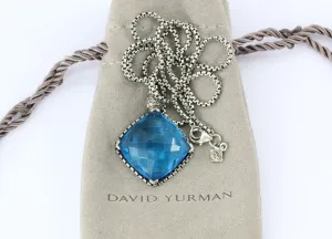 David Yurman Sterling Silver Blue Topaz & Diamond Cushion On Point Necklace