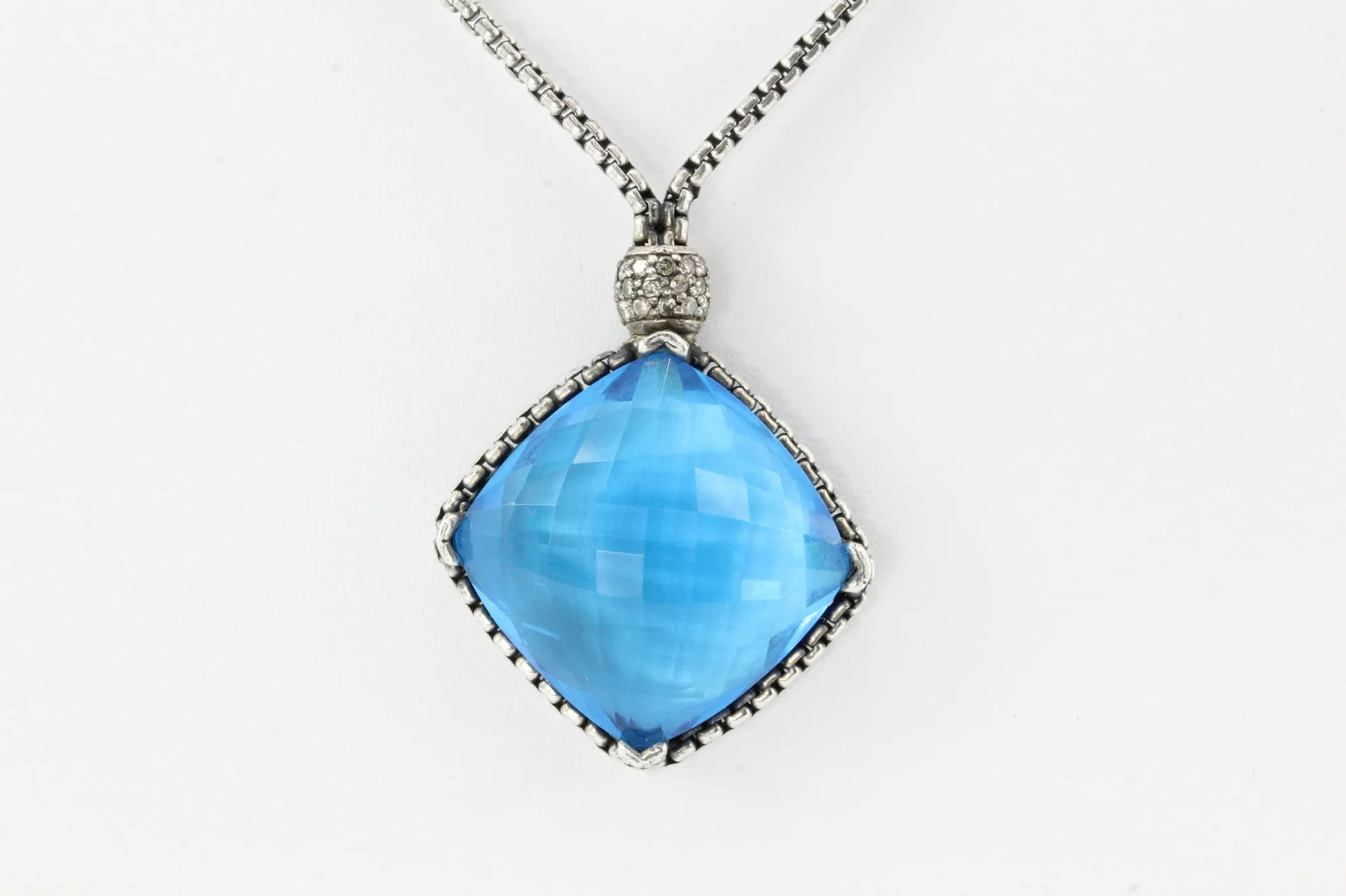 David Yurman Sterling Silver Blue Topaz & Diamond Cushion On Point Necklace