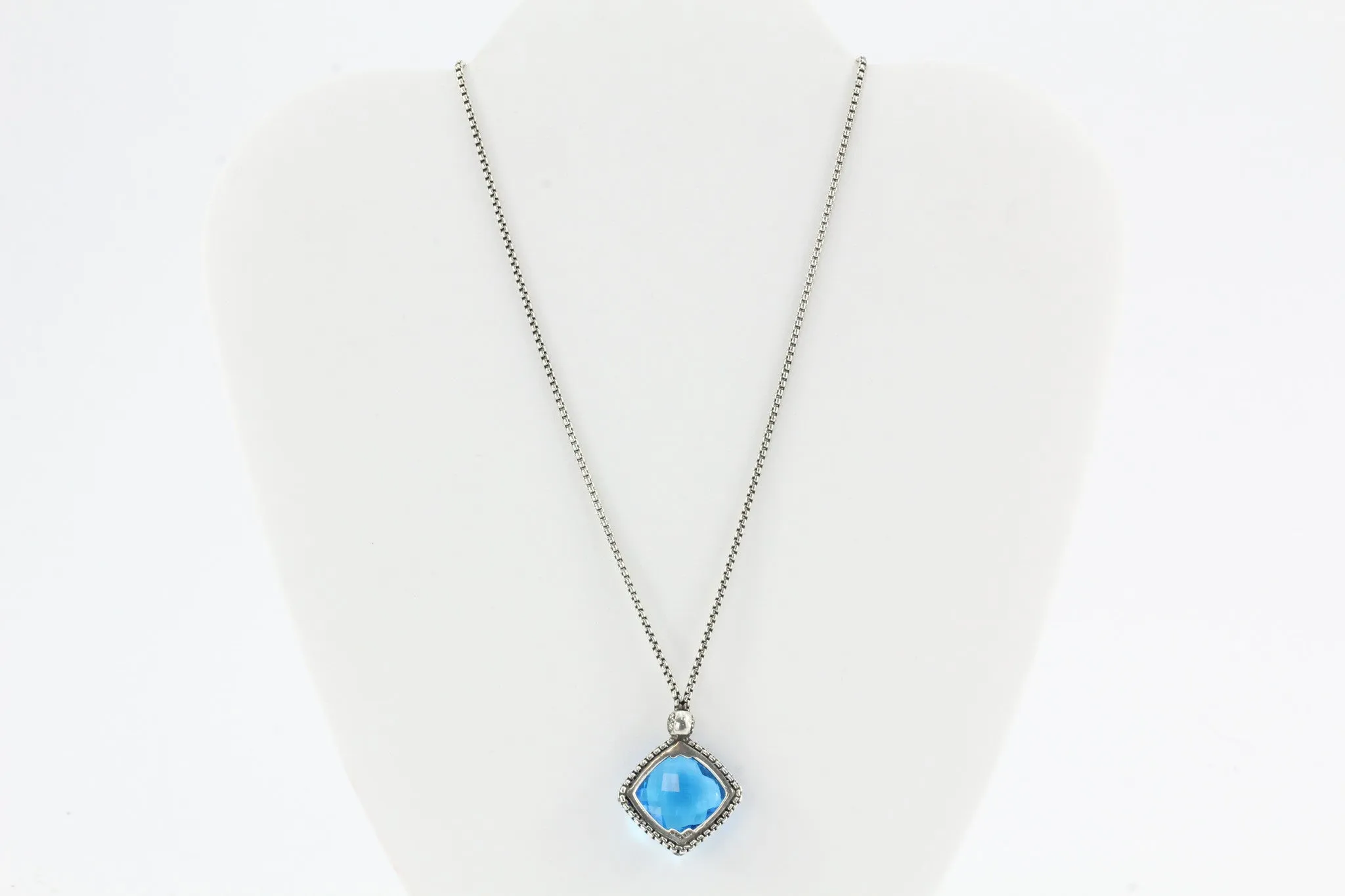 David Yurman Sterling Silver Blue Topaz & Diamond Cushion On Point Necklace