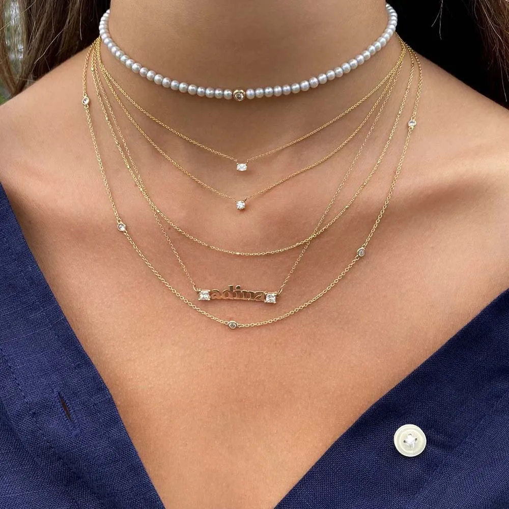 Diamond Bezel Pearl Choker 14K