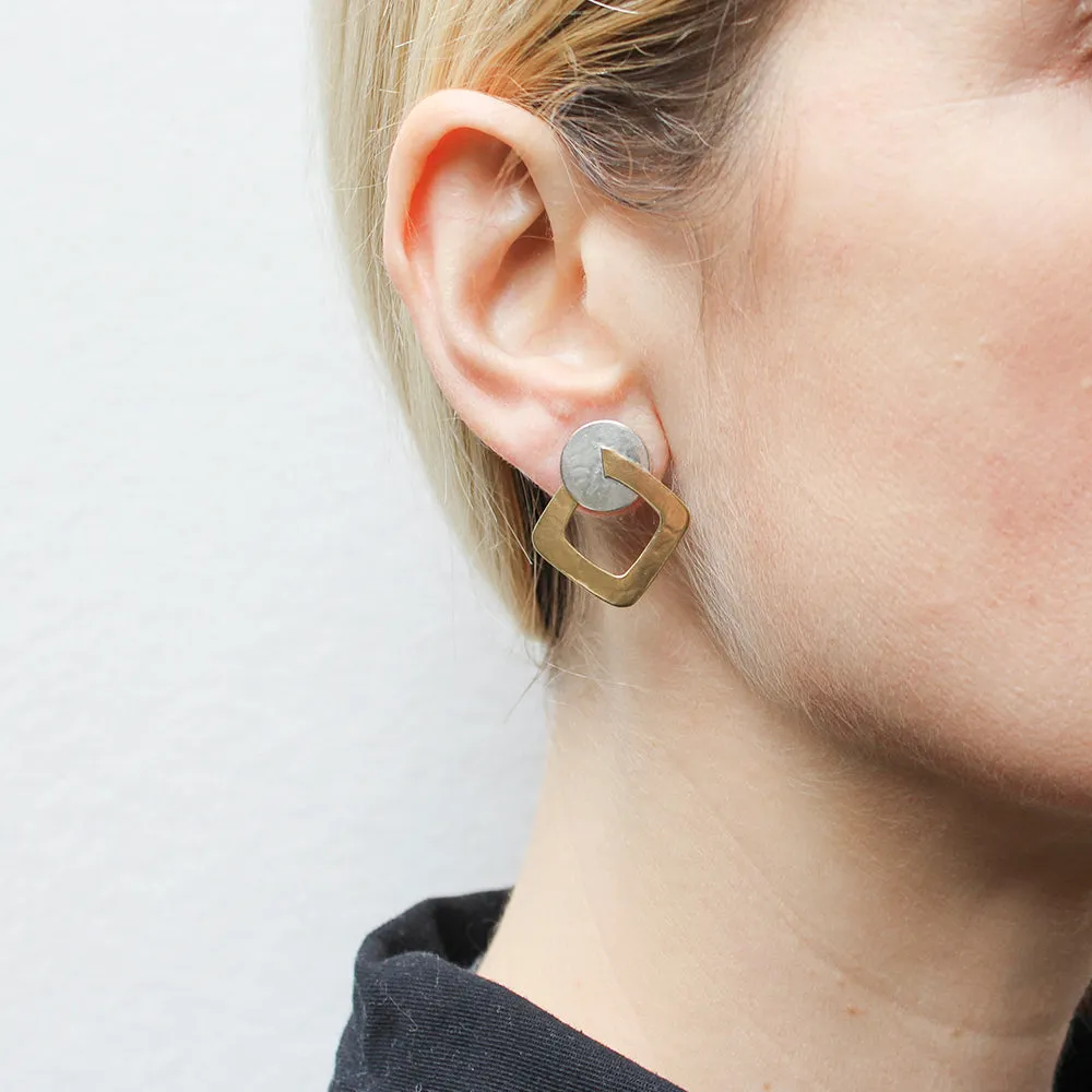 Disc with Interlocking Cutout Square Post or Clip Earrings