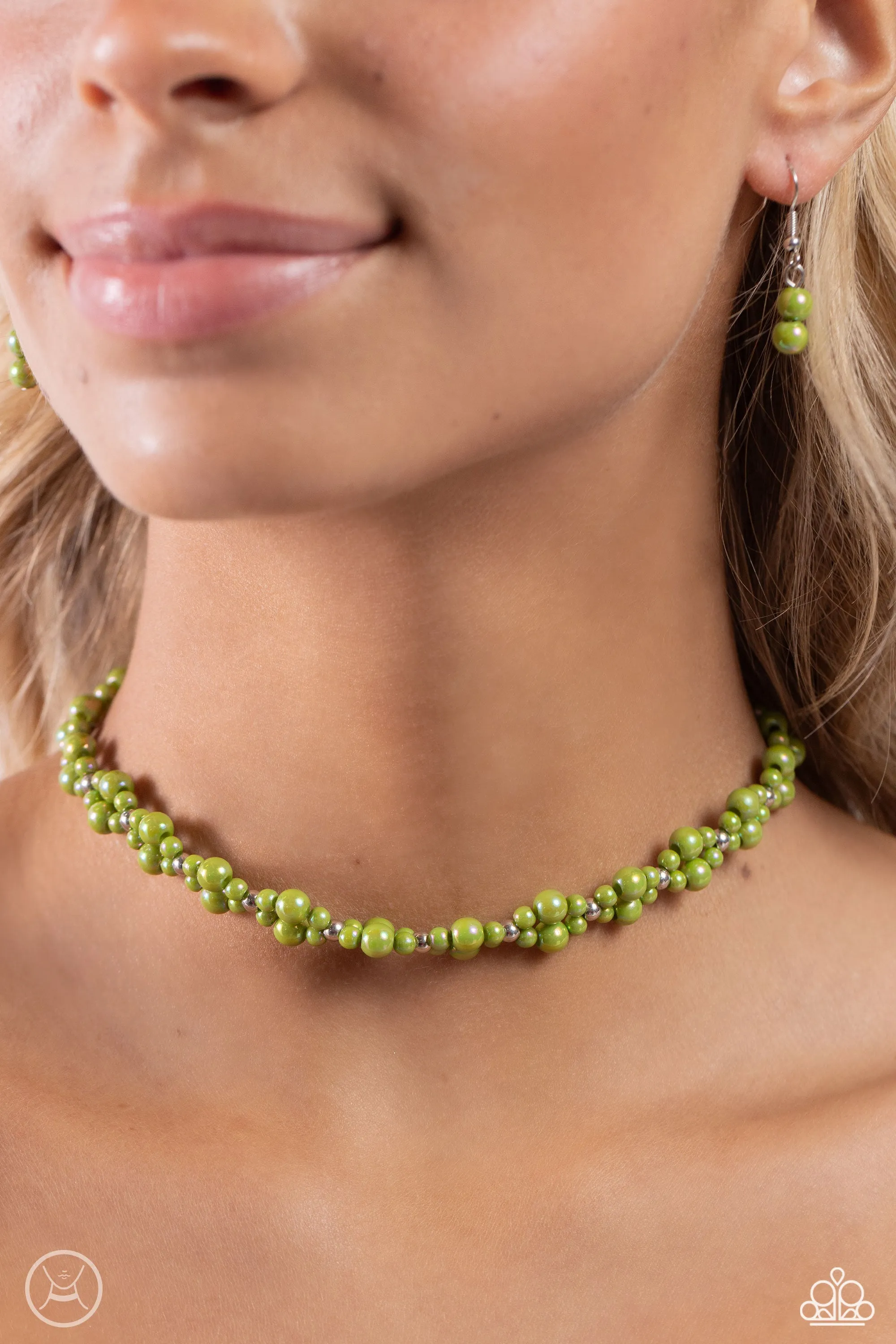 Dreamy Duchess - Green - Pearl and Silver Bead Paparazzi Choker Necklace
