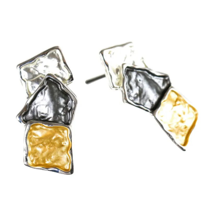 Earrings, Geometric Shapes, Silver and Gold Plate, Post