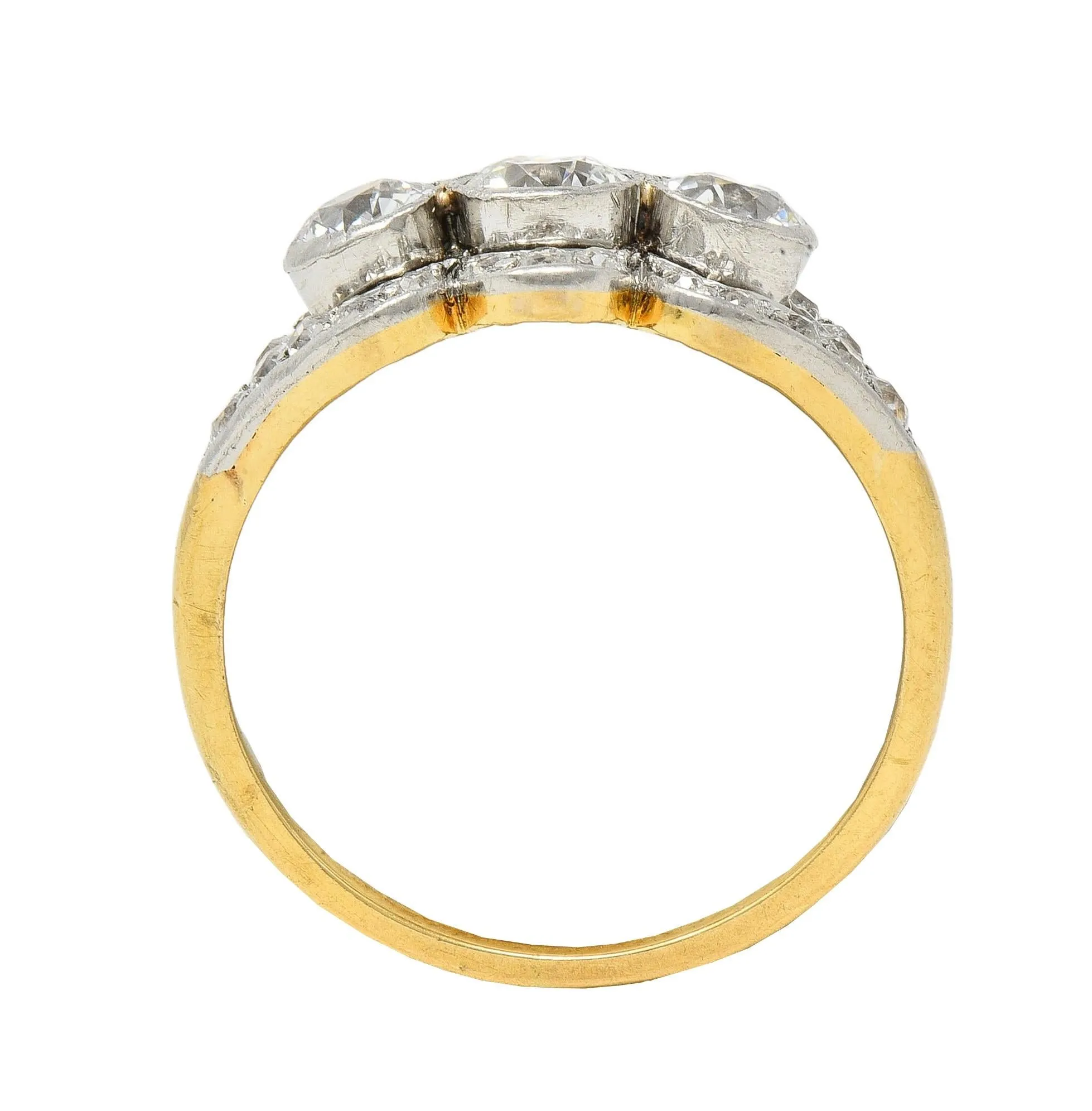 Edwardian 1.45 CTW Diamond Platinum 14 Karat Yellow Gold Antique Three Stone Dinner Ring