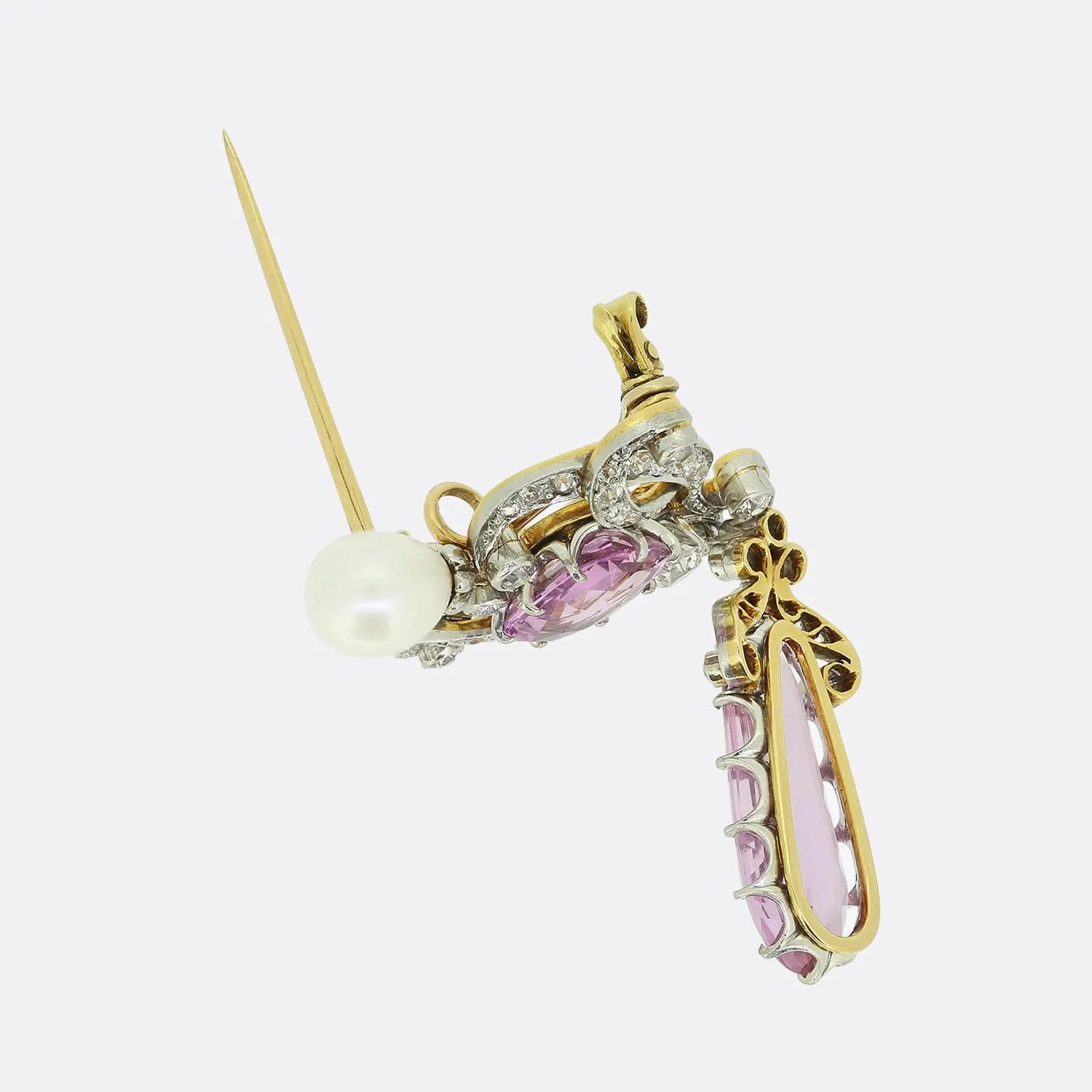 Edwardian Pink Topaz Pearl and Diamond Drop Brooch Pendant