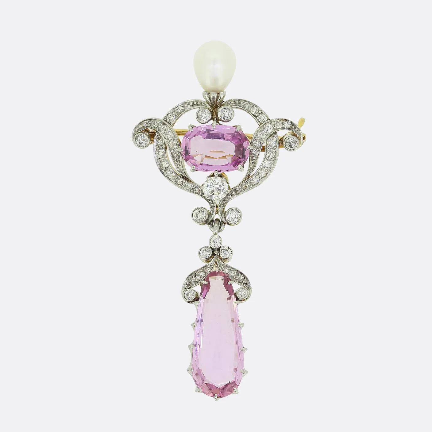 Edwardian Pink Topaz Pearl and Diamond Drop Brooch Pendant