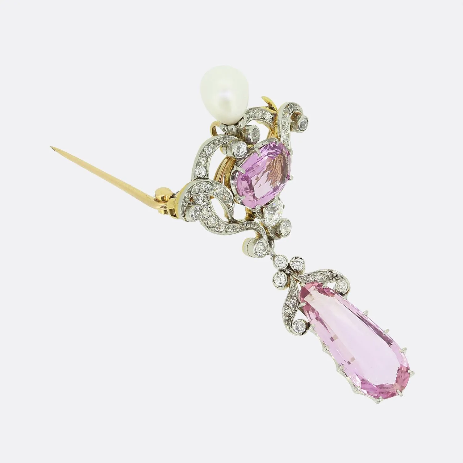 Edwardian Pink Topaz Pearl and Diamond Drop Brooch Pendant