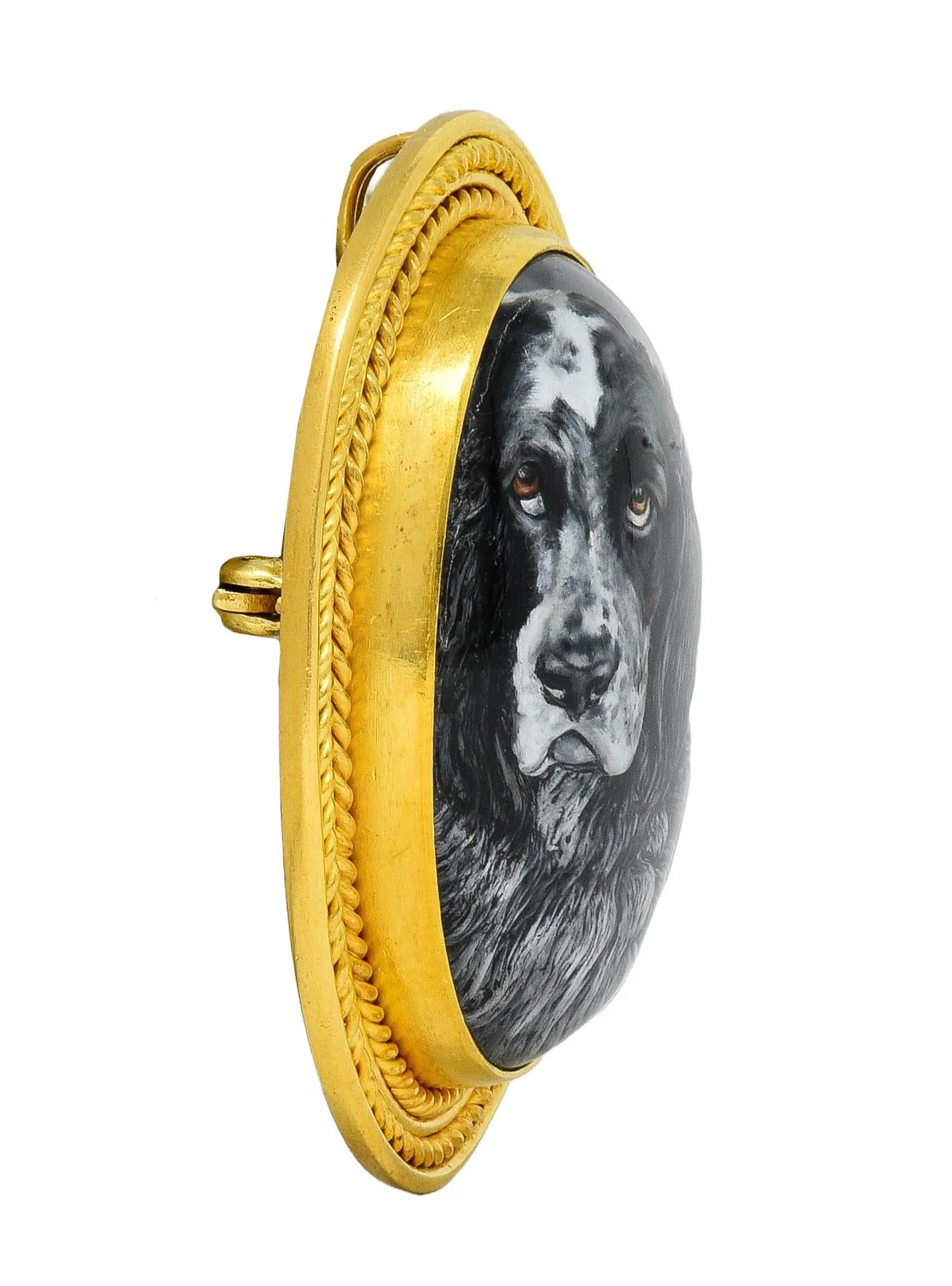 Edwardian Reverse Carved Essex Crystal 18 Karat Yellow Gold Painted English Spaniel Dog Cameo Antique Pendant Brooch