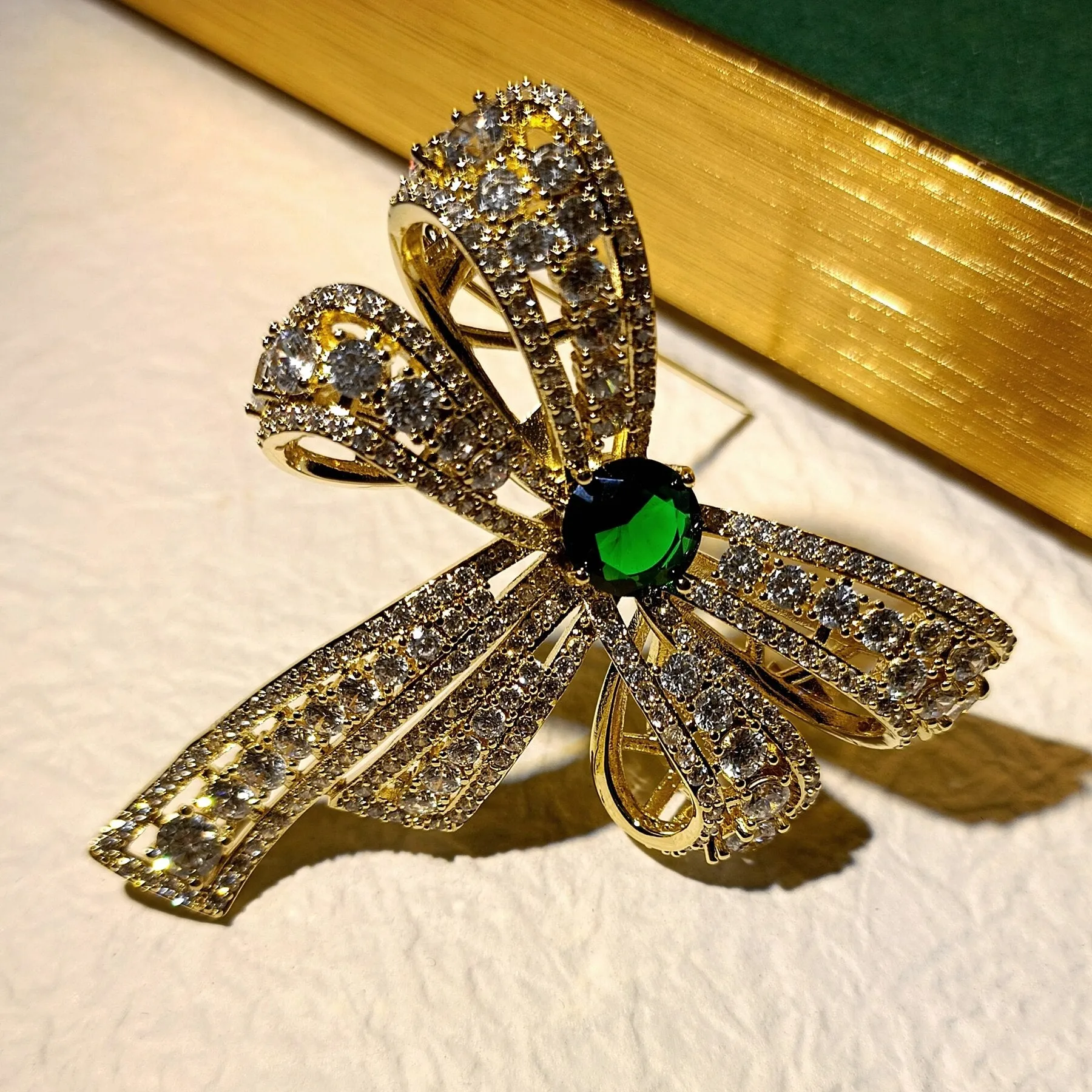 Edwardian Vintage Gold Tone Emerald and CZ Ribbon Bow Brooch Pin for Women Accessory