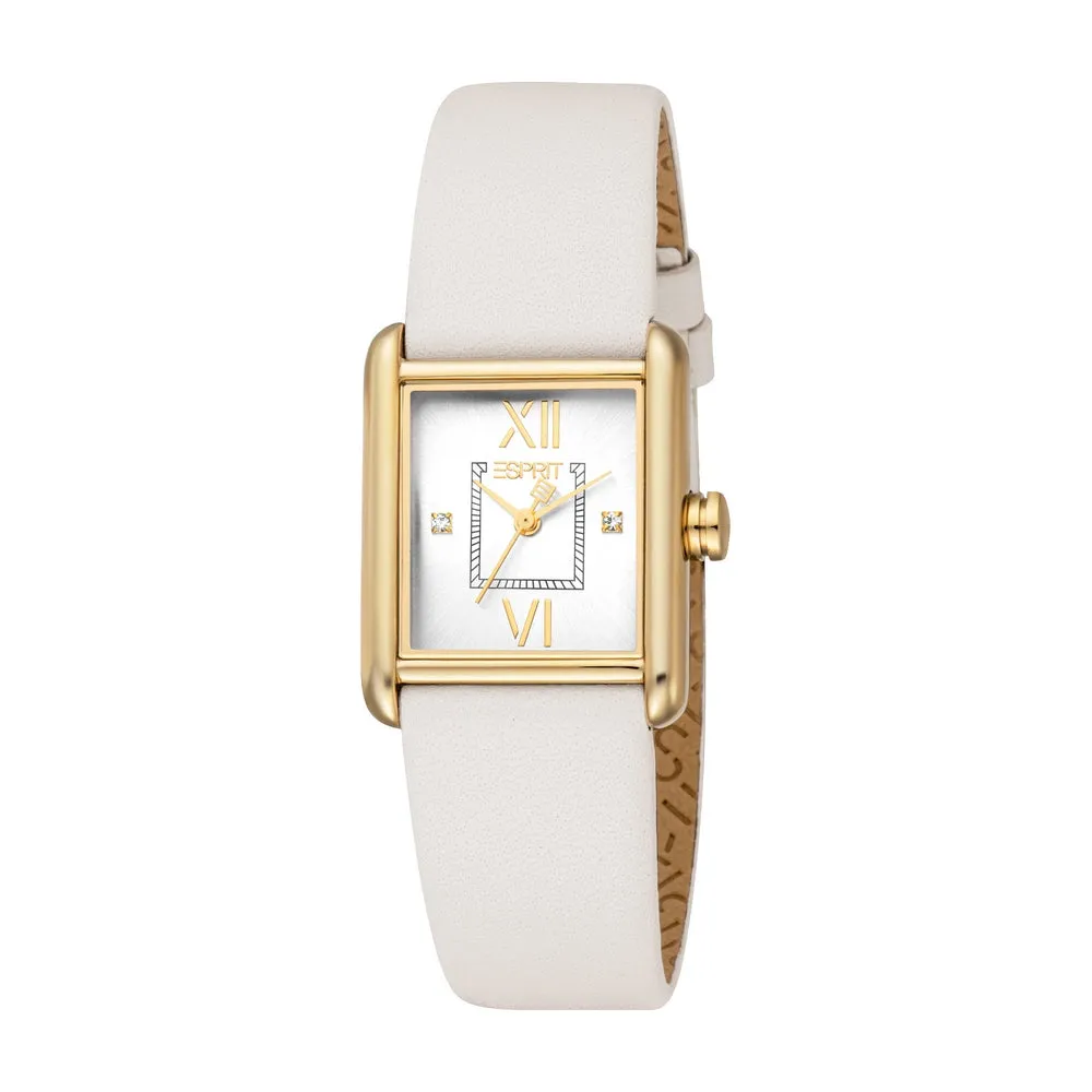 Esprit Ladies Silver Dial Square Golden Case White Leather Strap Watch