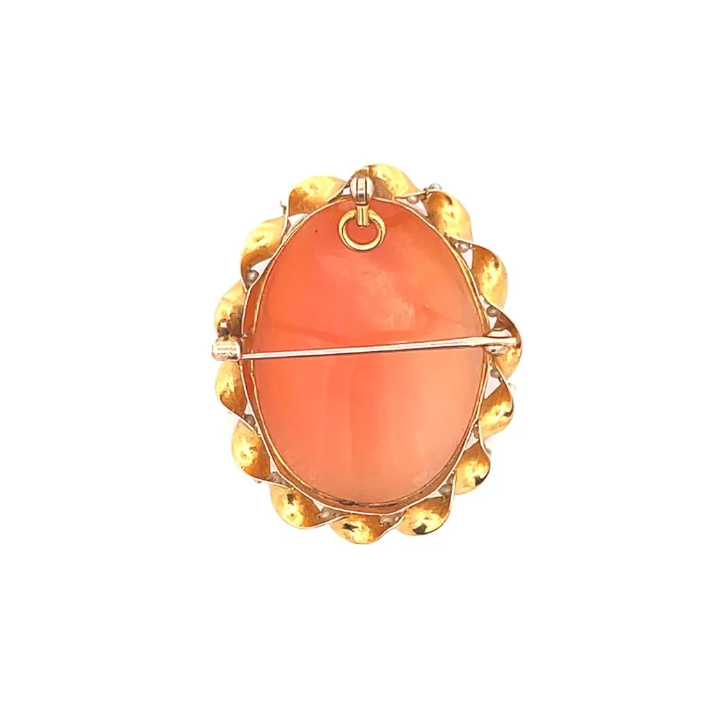 Estate 10K Yellow Gold Oval Cameo & Seed Pearl Brooch