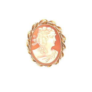 Estate 10K Yellow Gold Oval Cameo & Seed Pearl Brooch