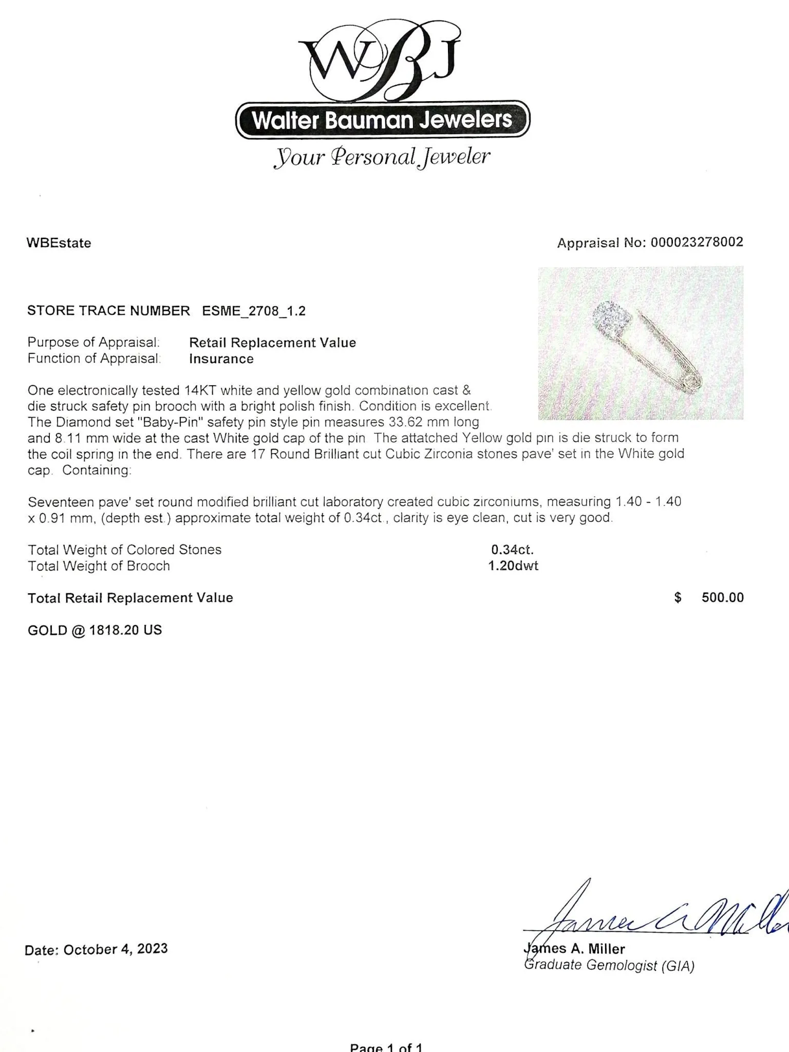 Estate 14K TT Gold 0.34ctw Cubic Zirconia Safety Pin