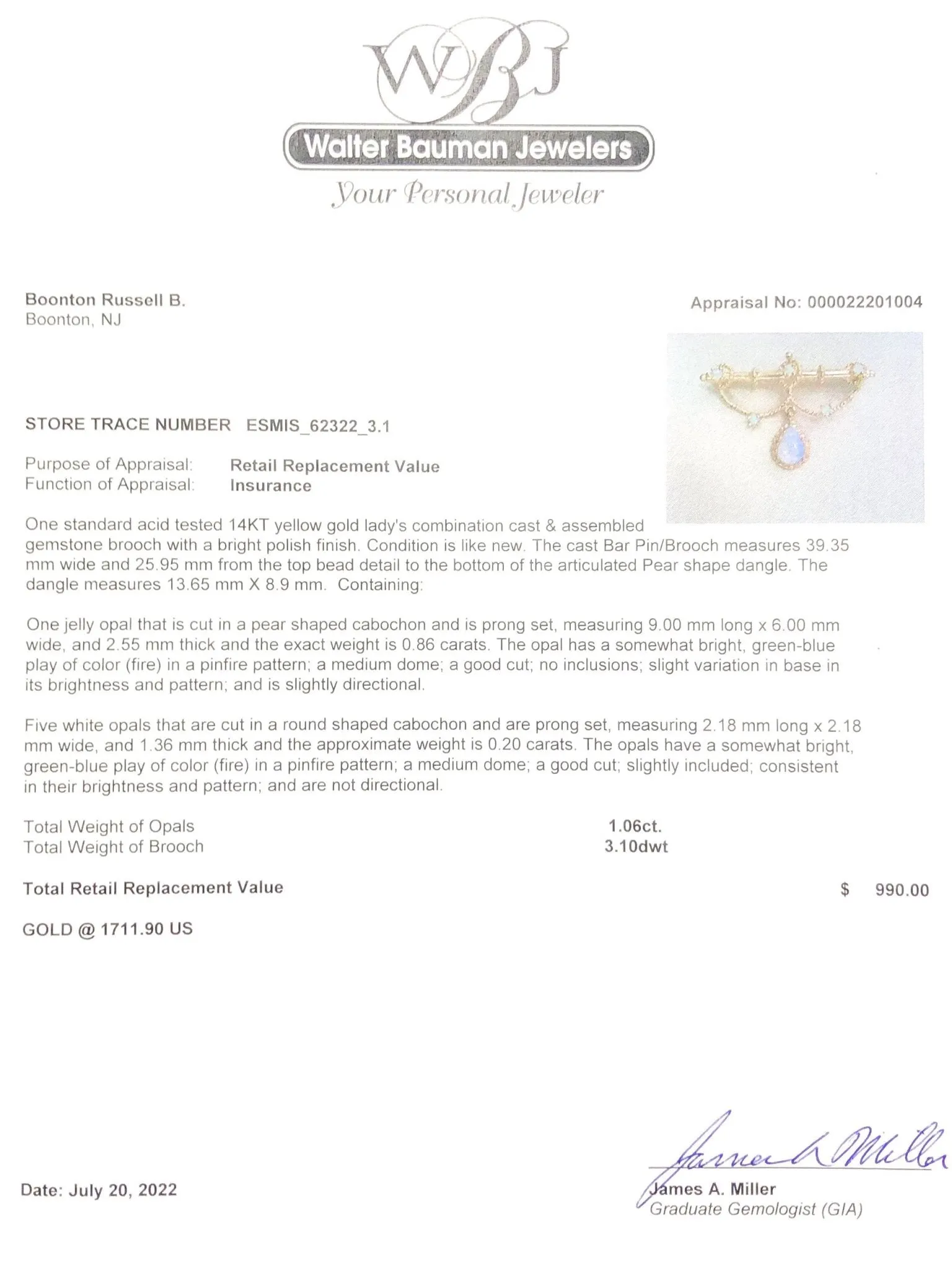 Estate 14K Y Gold 1.06cttw Opal Brooch