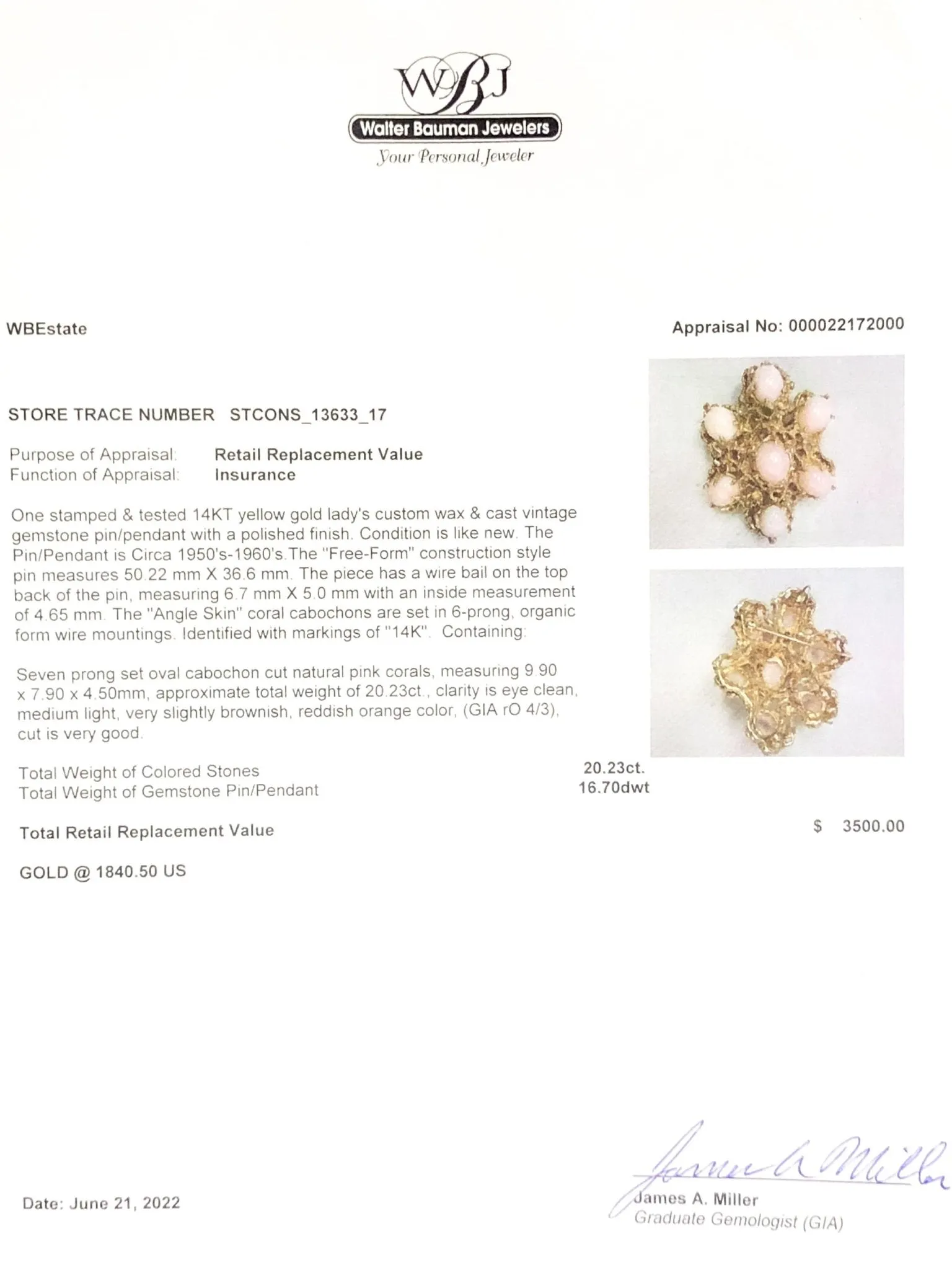 Estate 14K Y Gold 20.23cttw Angel Skin Coral Brooch