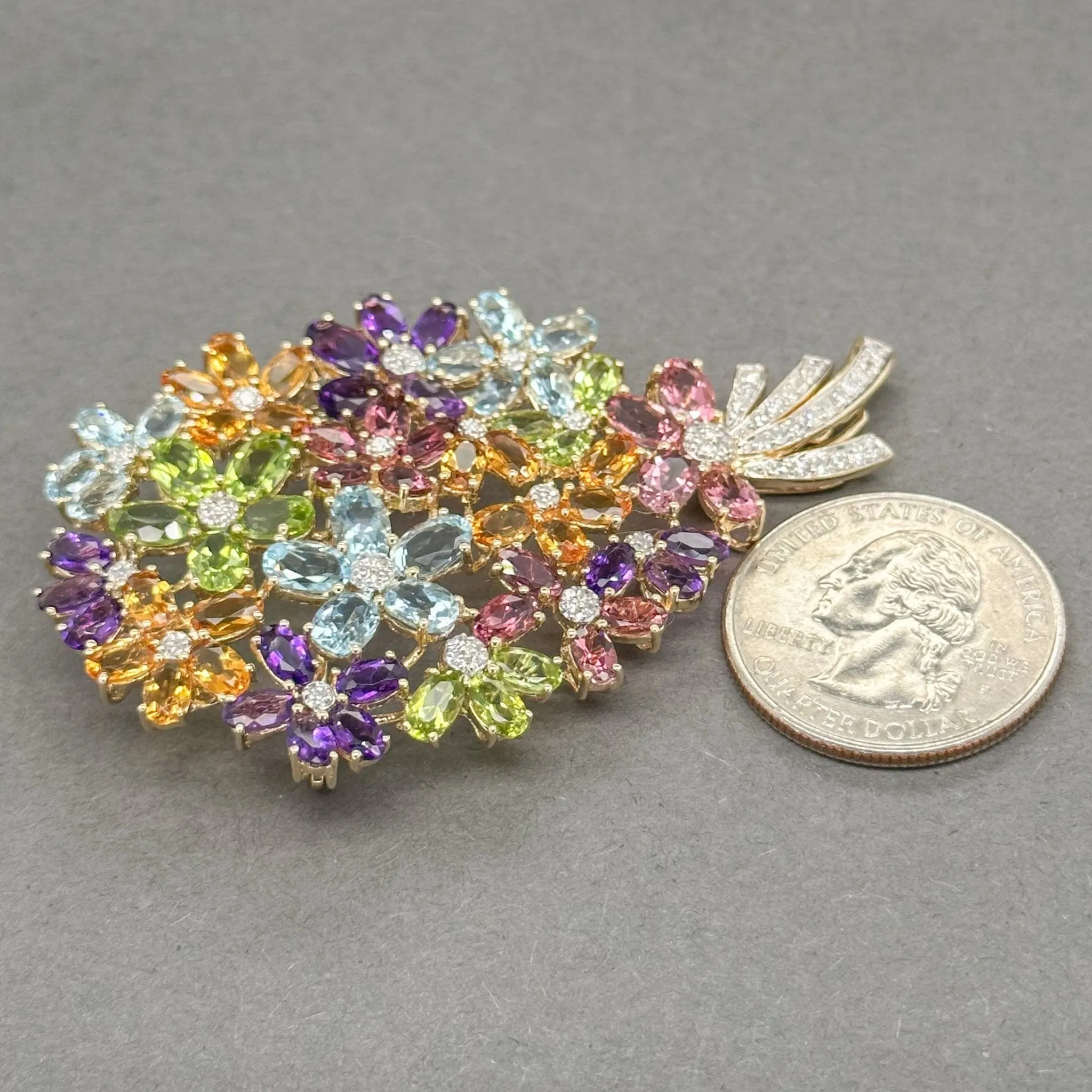 Estate 14K Y Gold 22.14cttw Multi-Gemstone & 0.42cttw H-I/VS2 Diamond Brooch