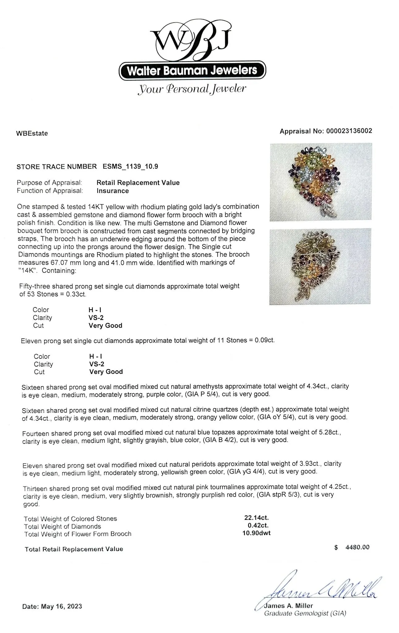 Estate 14K Y Gold 22.14cttw Multi-Gemstone & 0.42cttw H-I/VS2 Diamond Brooch
