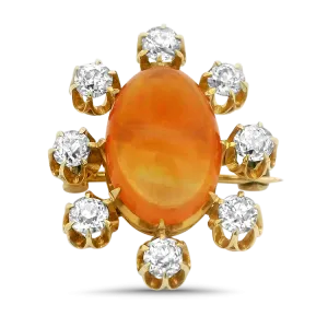 Estate 14k Yellow Gold Antique Fire Opal & Diamond Sunburst Pin/Pendant
