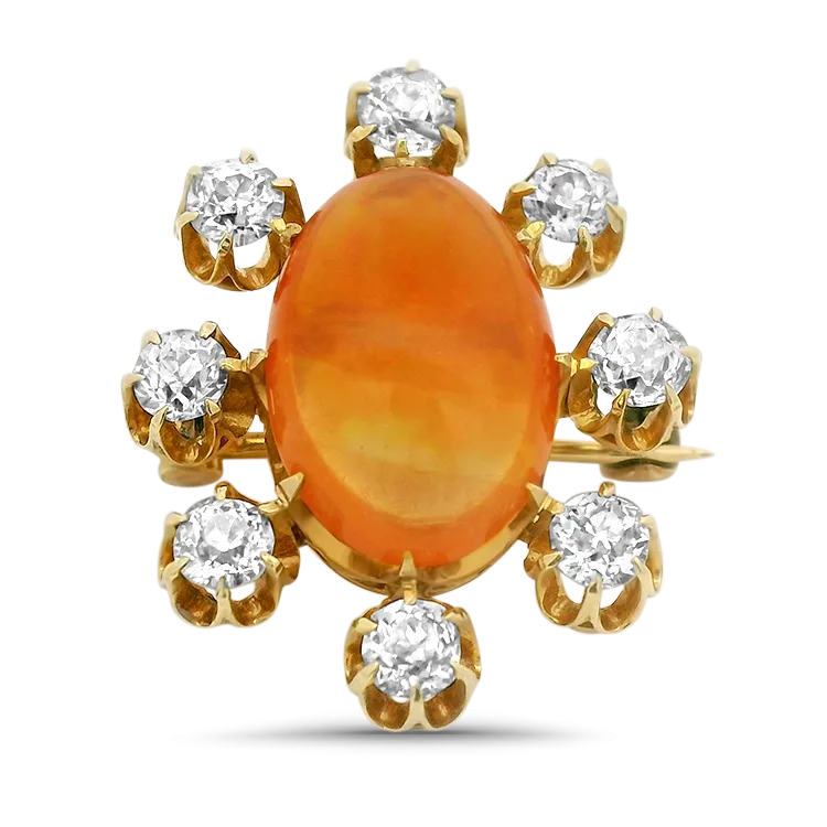 Estate 14k Yellow Gold Antique Fire Opal & Diamond Sunburst Pin/Pendant