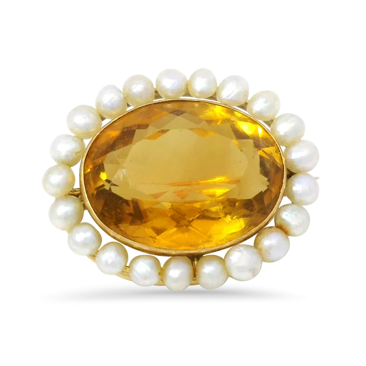 Estate 14k Yellow Gold Citrine and Pearl Brooch