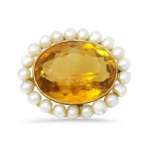 Estate 14k Yellow Gold Citrine and Pearl Brooch