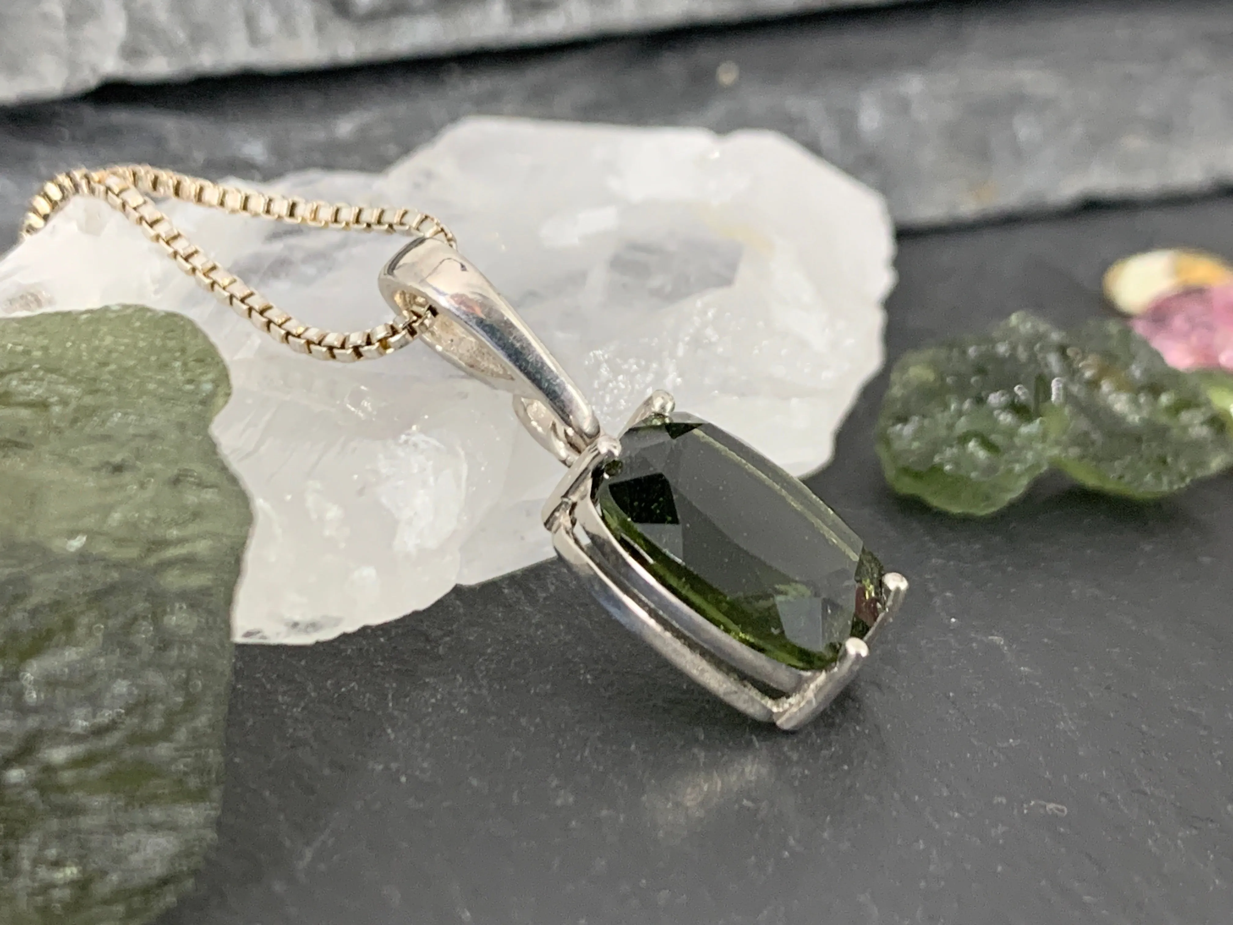 Faceted Moldavite Pendant - Rectangle Shape Pendant