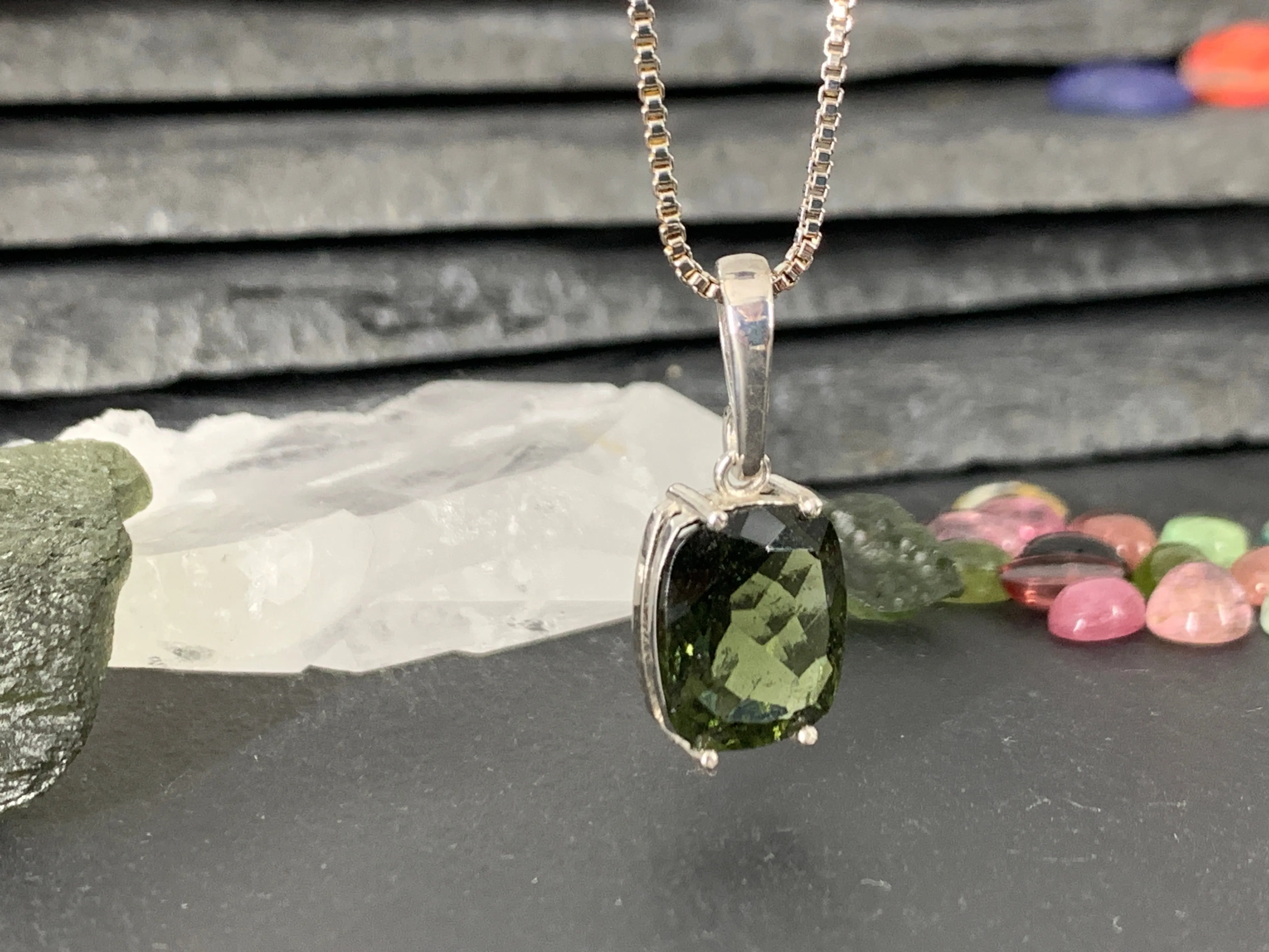 Faceted Moldavite Pendant - Rectangle Shape Pendant