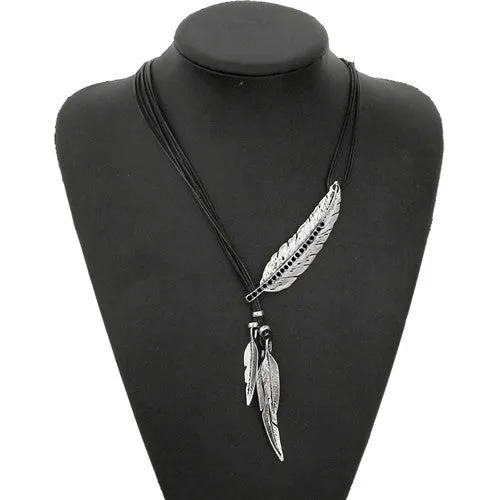 Fashion Bohemian Style Black Rope Chain Feather Pattern Pendant Necklace For Women Fine Jewelry Collares Statement Necklace