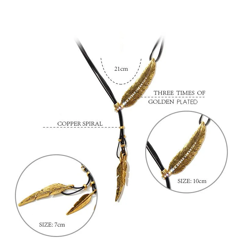 Fashion Bohemian Style Black Rope Chain Feather Pattern Pendant Necklace For Women Fine Jewelry Collares Statement Necklace