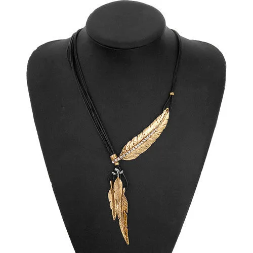 Fashion Bohemian Style Black Rope Chain Feather Pattern Pendant Necklace For Women Fine Jewelry Collares Statement Necklace