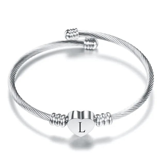 Fashion Heart Charm Engraved Alphabet Cuff Bangles
