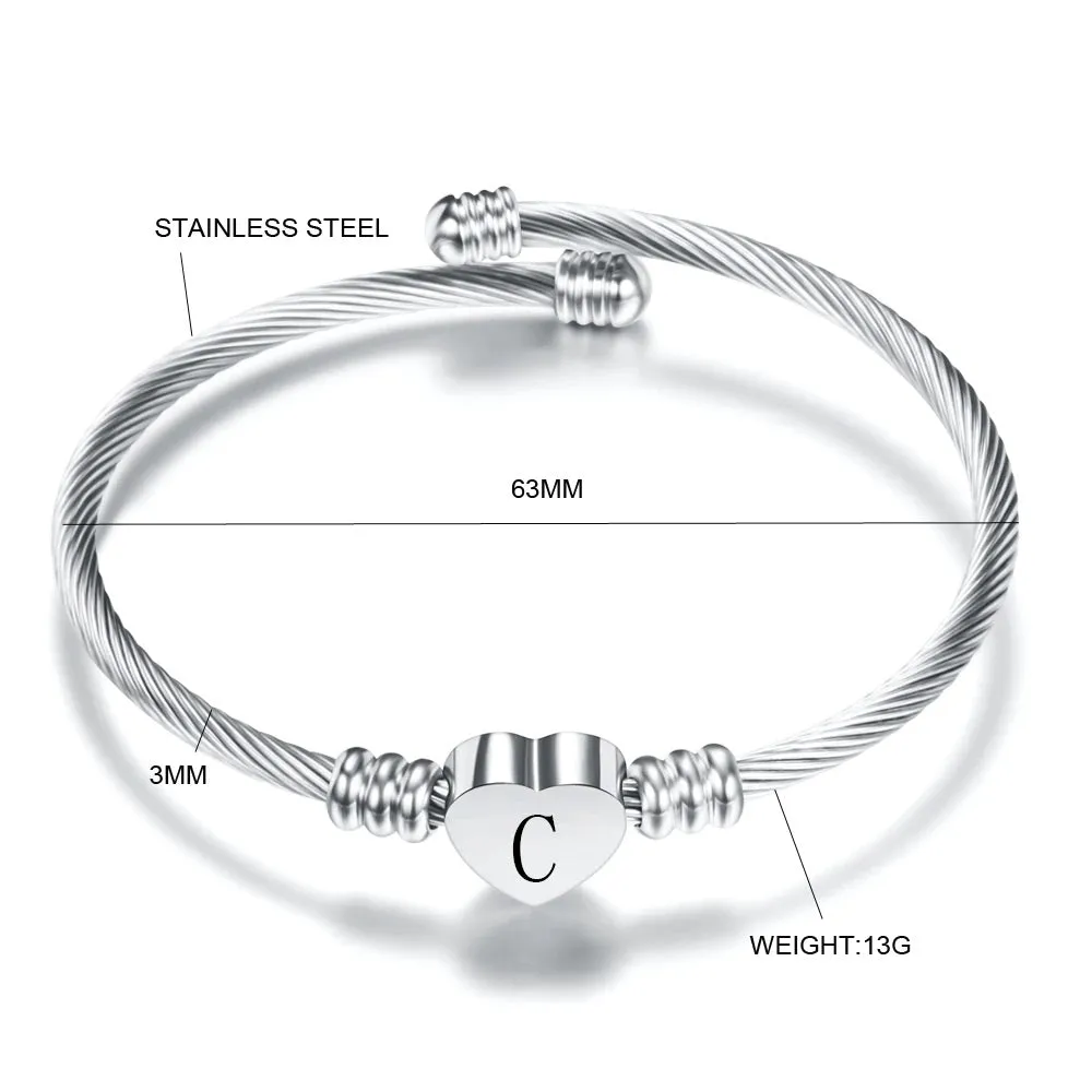 Fashion Heart Charm Engraved Alphabet Cuff Bangles