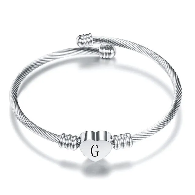 Fashion Heart Charm Engraved Alphabet Cuff Bangles