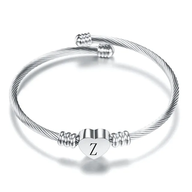 Fashion Heart Charm Engraved Alphabet Cuff Bangles