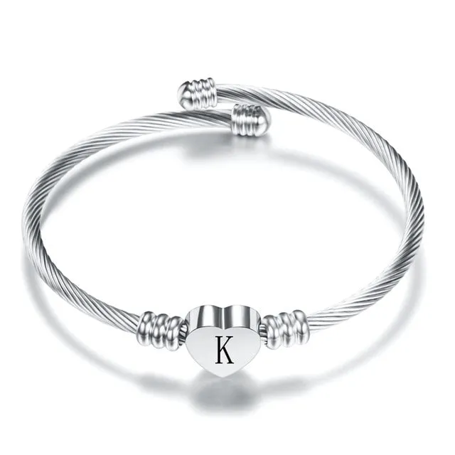 Fashion Heart Charm Engraved Alphabet Cuff Bangles