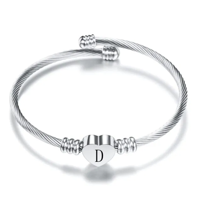 Fashion Heart Charm Engraved Alphabet Cuff Bangles