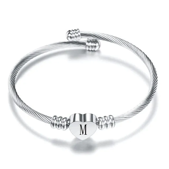 Fashion Heart Charm Engraved Alphabet Cuff Bangles
