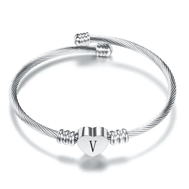 Fashion Heart Charm Engraved Alphabet Cuff Bangles
